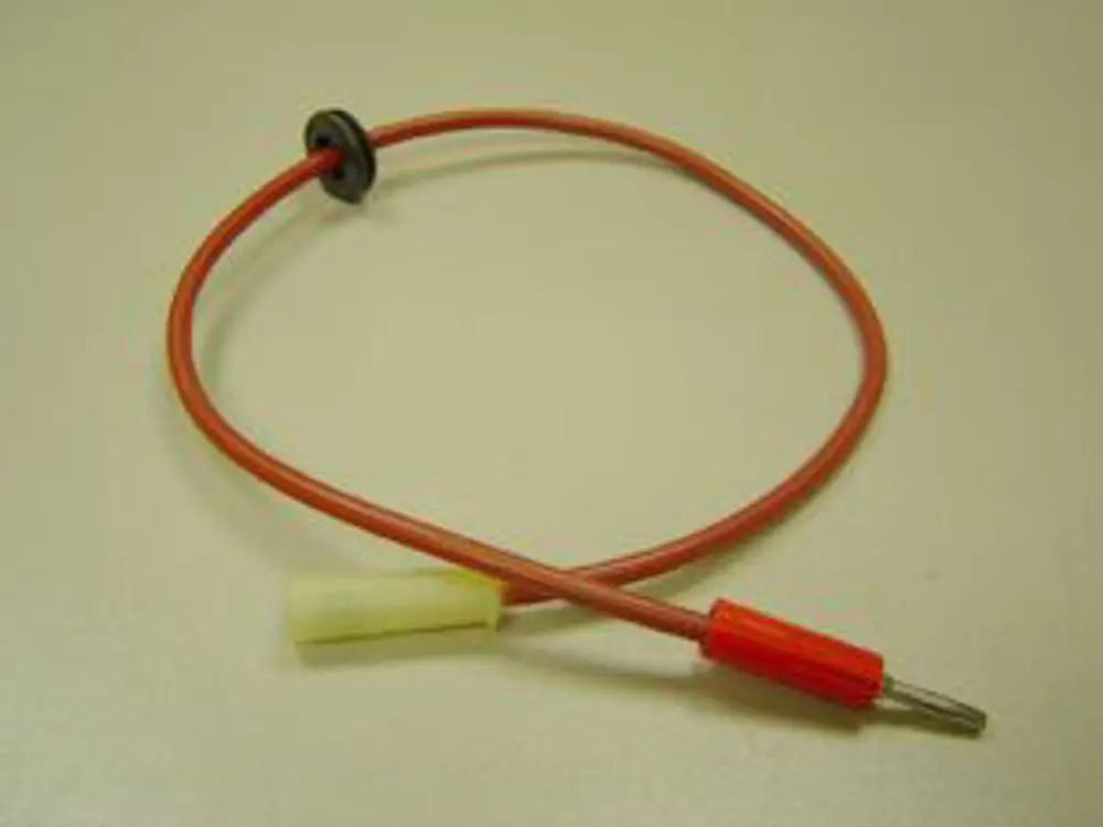 Remeha Ionisationskabel mit einem orangefarbenen und einem weißen Anschluss, umgeben von einem flexiblen Kabel in der Mitte, auf einem neutralen Hintergund.